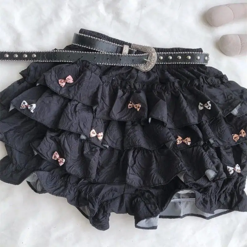 2000s New Black Layered Ruffle Mini Skirt Women Y2K Punk with Studded Belt Bow Decor Elastic Waist A-line Short Skirt for Teens