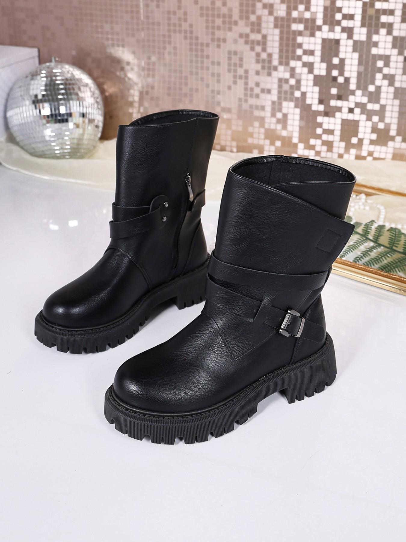Women's Vintage PU Leather Belt Buckle Thick Sole Boots, Comfortable Anti-Slip, Fashionable Fall & Winter Shoes