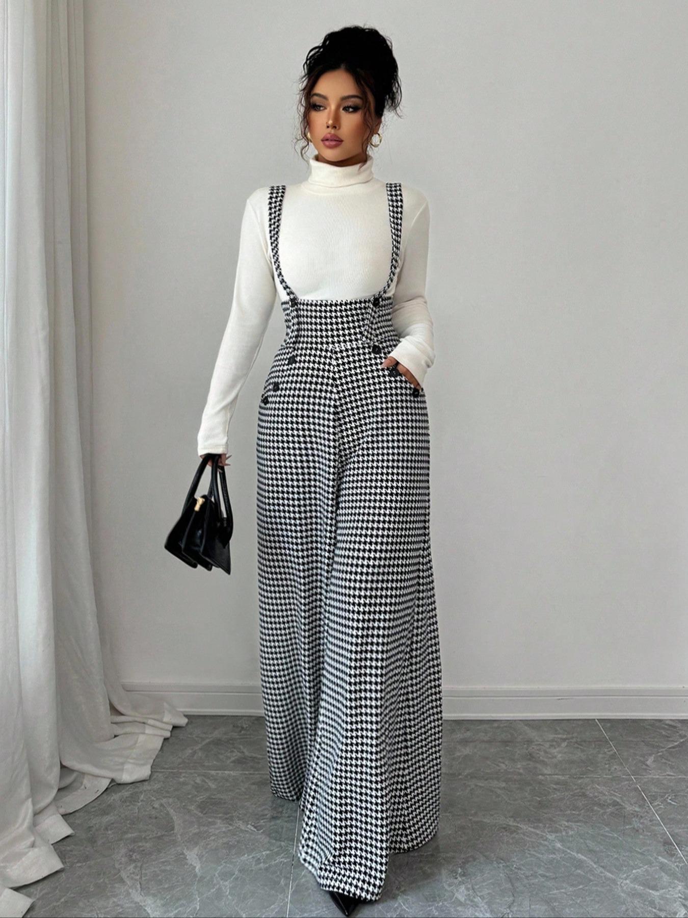 Women's Knitted Plaid Print Houndstooth Wide Leg Pants, Front Pocket Button Design, Fashionable Elegant Daily Commuter Overalls, Fall Winter