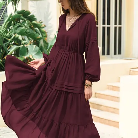 Women's Lantern-Sleeve Ruffle A-Line Maxi Dress, Flowy Dress, Plain Woven Fabric, Spring and Summer Casual Long Dress for Outdoor Holidays