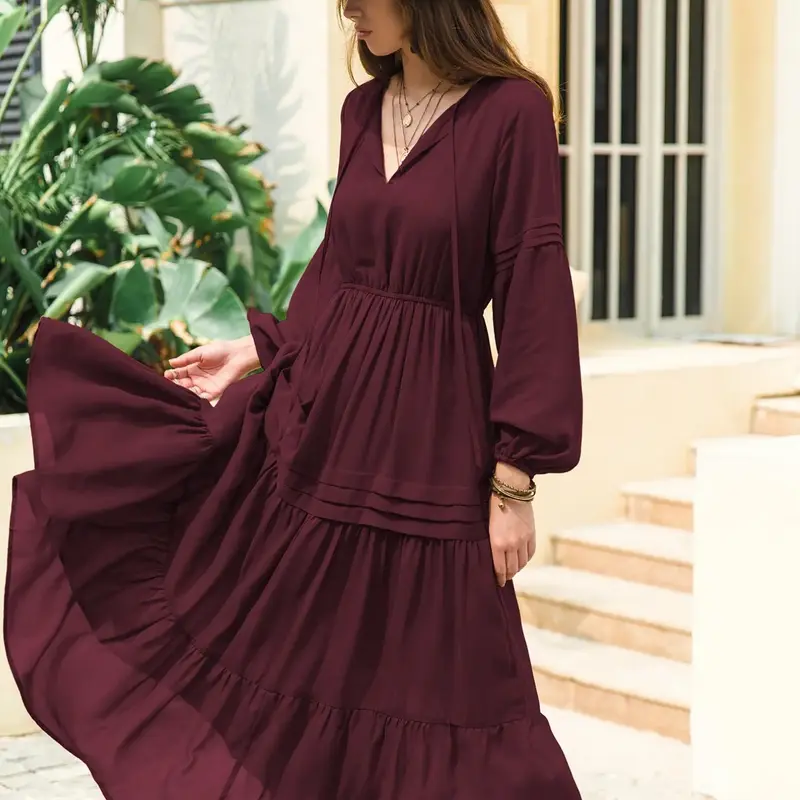 Women's Lantern-Sleeve Ruffle A-Line Maxi Dress, Flowy Dress, Plain Woven Fabric, Spring and Summer Casual Long Dress for Outdoor Holidays