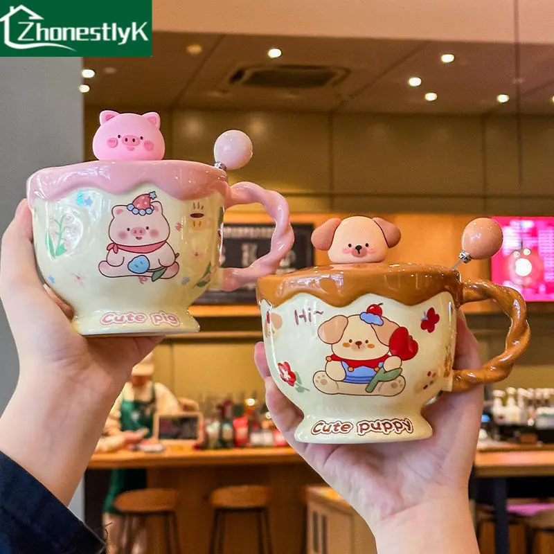Cartoon cute pet ceramic mug, fun children's breakfast mug with lid/spoon, holiday drinkware gift
