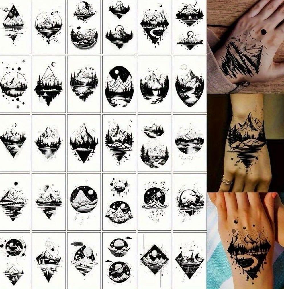 30Pcs Black Mountain River Fake Tattoos - Waterproof, Long-Lasting Small Personalized Realistic Temporary Tattoos for Body Art