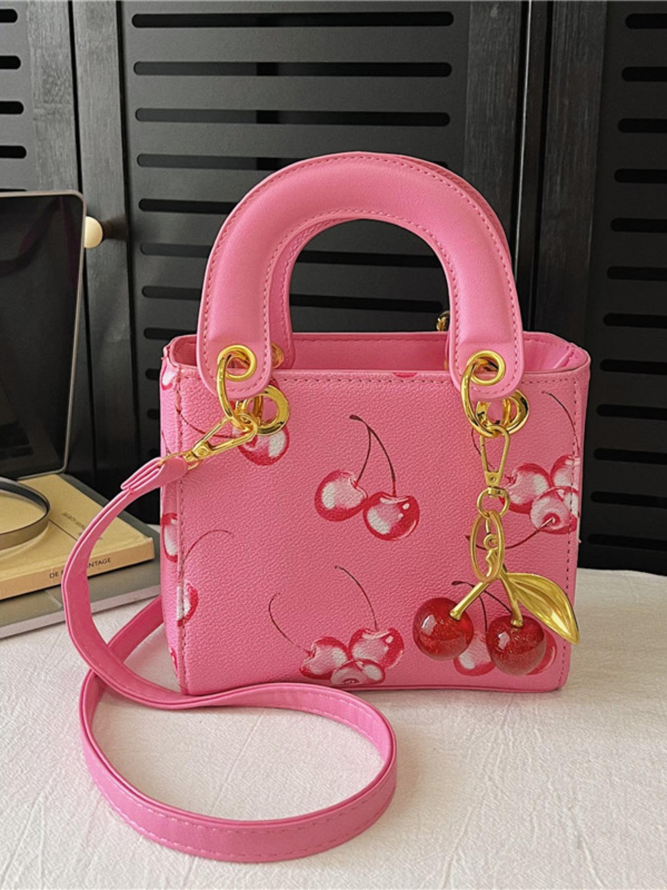 Background Cherry Print Mini Two-In-One Bag, Valentine's Day Gift, Sweet Girl Style, Perfect for Date, Romantic Exclusive