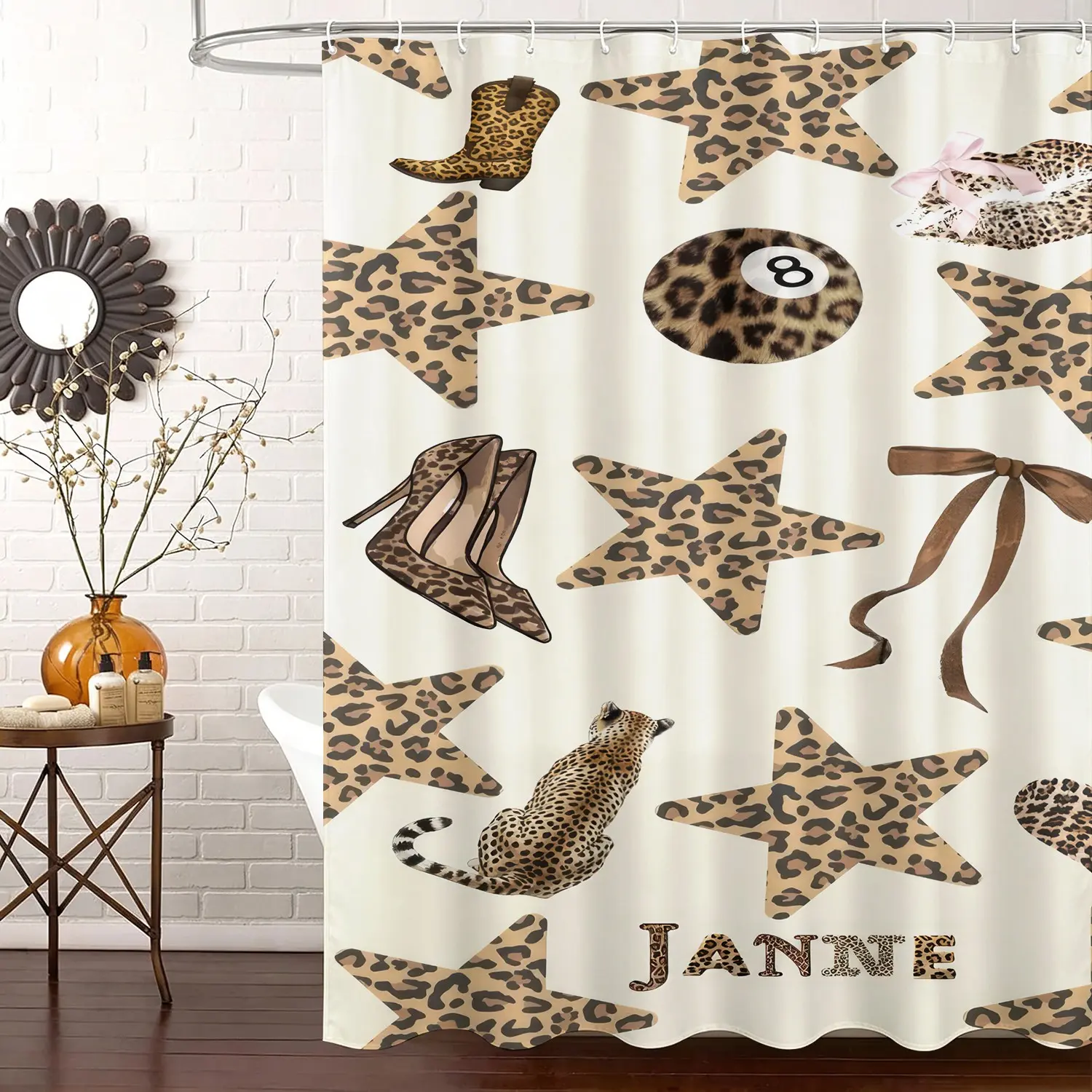 Personalized Custom Name Leopard Star Shower Curtain, Vintage Western Coquette Style Cheetah 8 Ball Cowboy Boot High Heels Bow Print, Waterproof Anti-Mold Bathroom Partition Curtain With Hooks,And Easy To Clean.Stylish Bathroom Decor