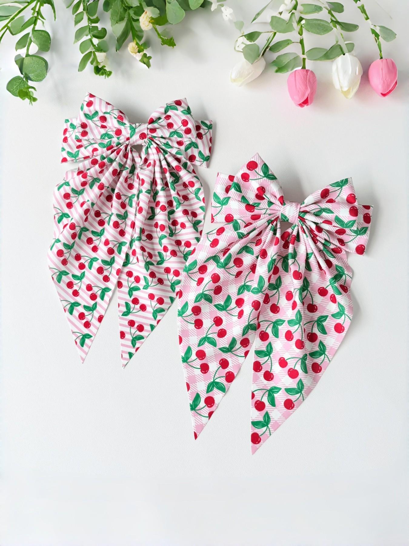 4pcs Women's Cherry Bow Hair Clips, Spring Clips, Fruit Pattern Print, Cute Style, High Elasticity, Non-Slip, Daily Wear, Photo Props