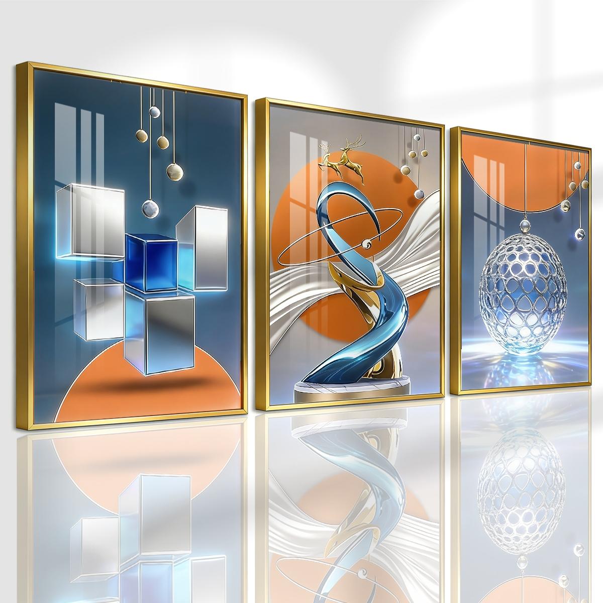 3 Counts Aluminum Alloy Framed Painting, Modern Abstract Geometric Sphere And Cube Art, Home Decoration For Living Room, Bedroom, Office, Restaurant, Hallway Wall Decor, Odorless Print Artwork, Luxury Perfect Gift For Friends And Family