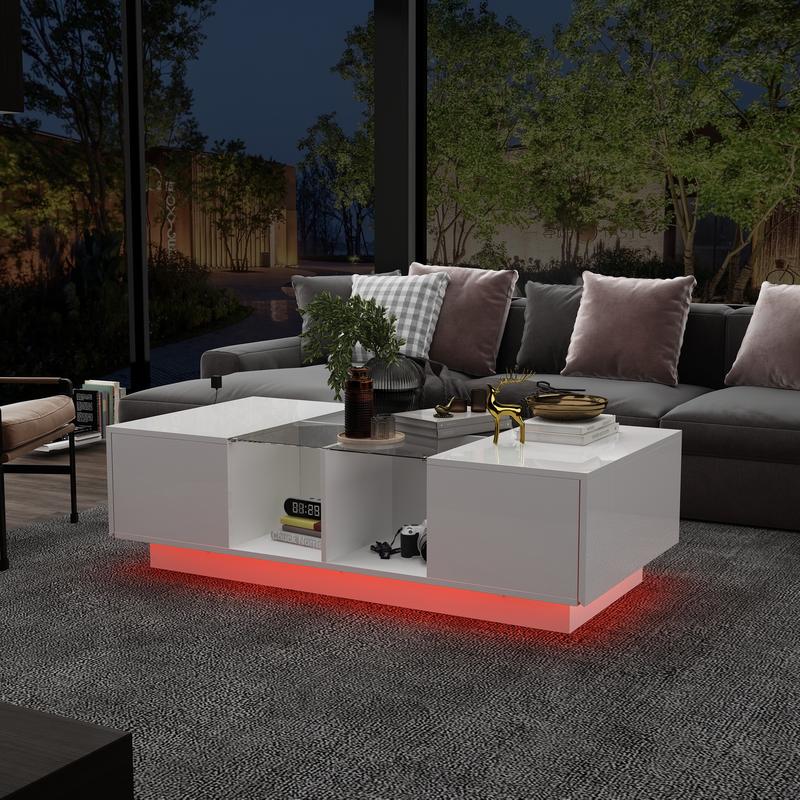 FUFU&GAGA  Modern LED Coffee Table with Drawers & Open Compartments, Rectangle Coffee Center Table with Glass Top for Living Room, Bedroom (47.4" W x 23.6" D x 13.9" H)