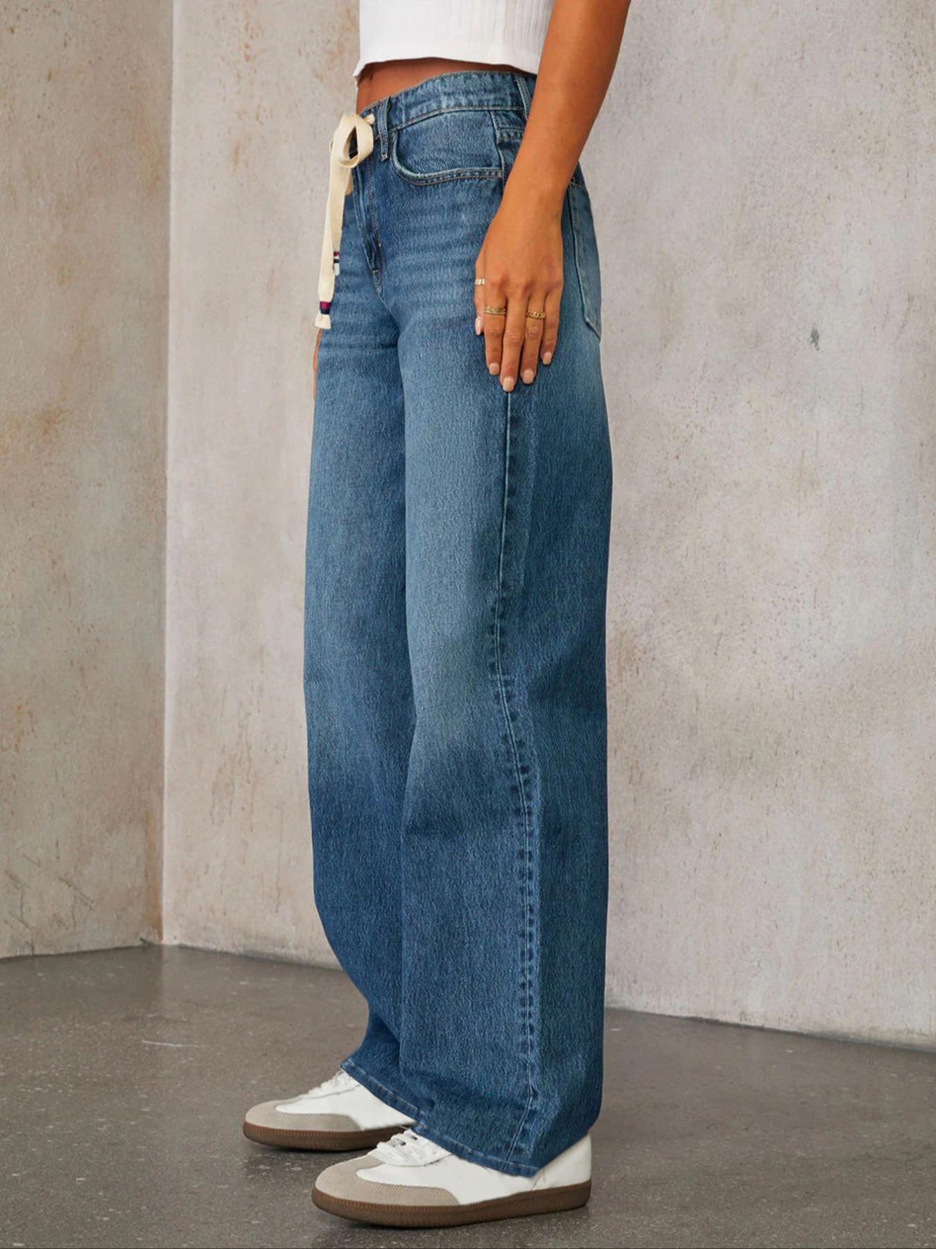 Women's Plain Drawstring Waist Jeans, Casual Fashion Denim Pants for Daily Wear, Ladies Bottoms for Spring & Fall, Casual Denim Trousers