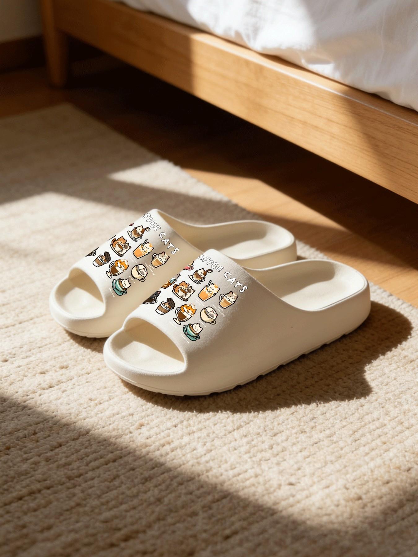 1 Pair Coffee Cat Themed Printed Thick Sole Slippers, Cute Healing Style, Non-slip Soft Sole, Indoor & Outdoor Dual-use, Open Toe Slides, Casual Slippers