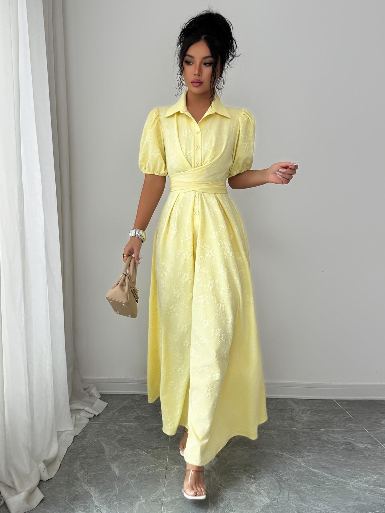 Elegant Pure Color Shirt Collar Bubble Sleeve Cross Tie Waist Fitted Dress, Soft Texture Women's Fashion Gown, Perfect for Casual & Formal Occasions