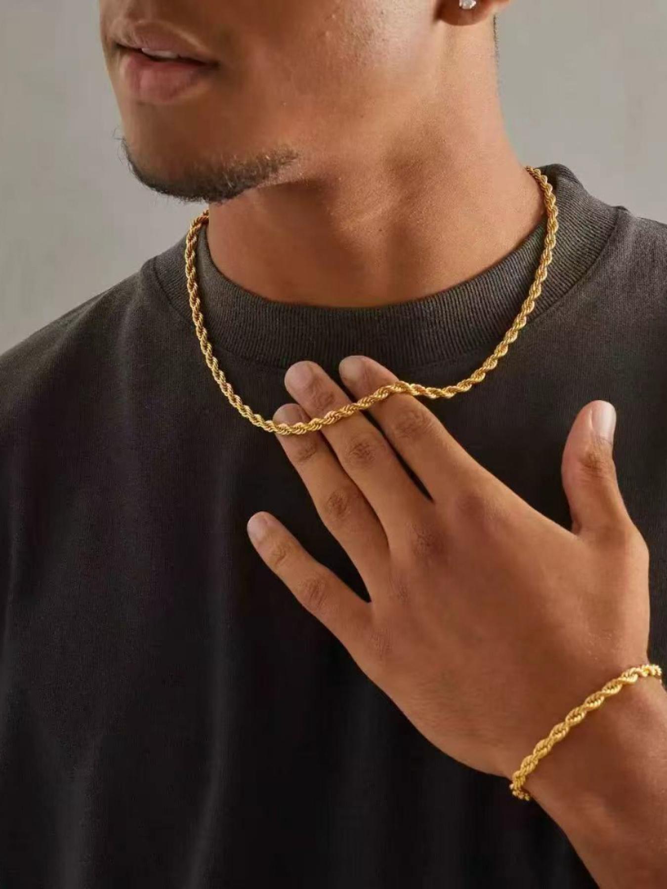 2 Piece Gold Stainless Steel Twisted Chain Bracelet and Necklace Set for Men Minimalist Style Sporty and Fashion Jewelry Gift for Him