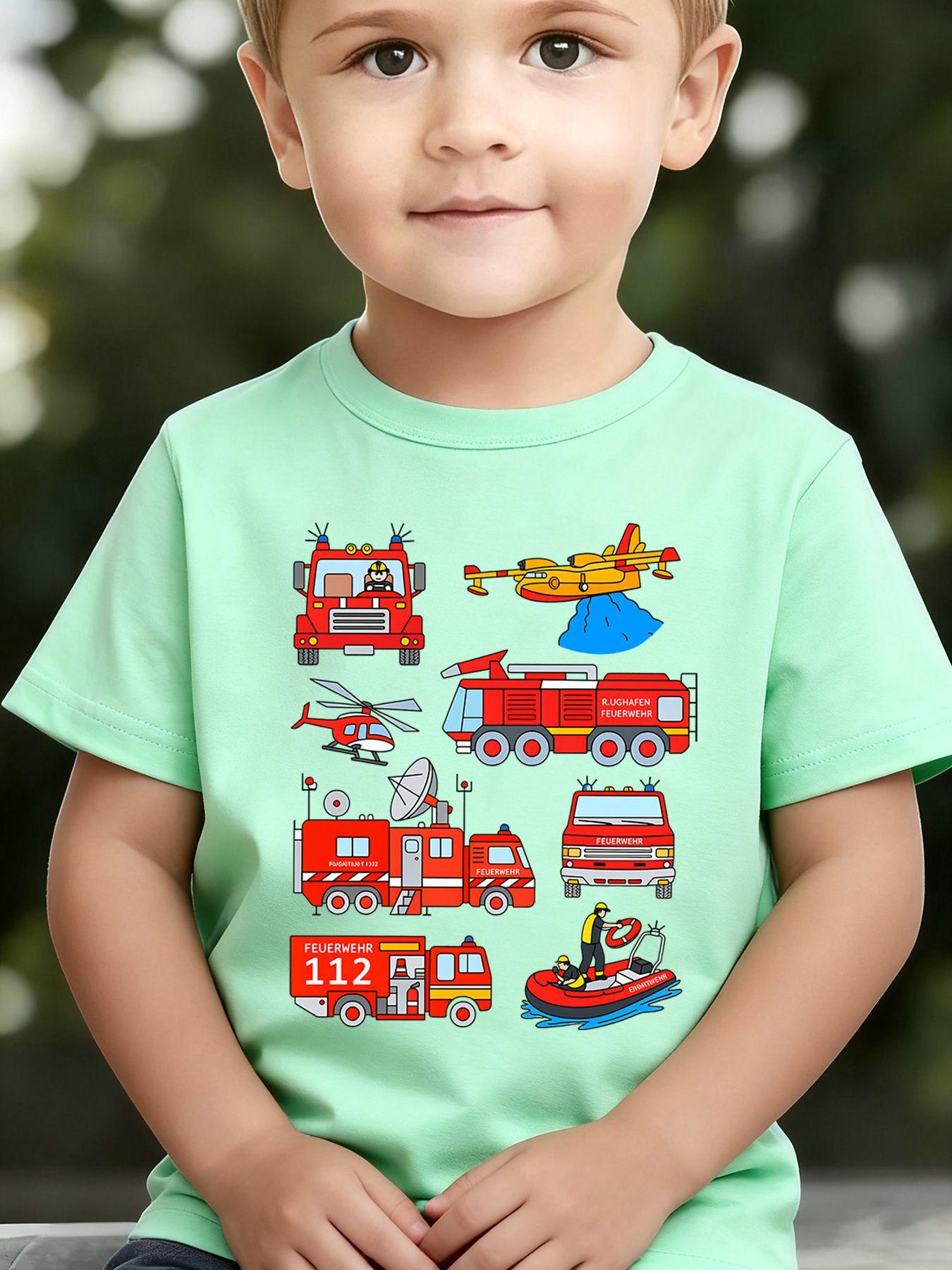 Boys' Summer Breathable & Comfortable "Fire Truck" Cartoon Print (3-12Y) Casual Sports T-Shirt