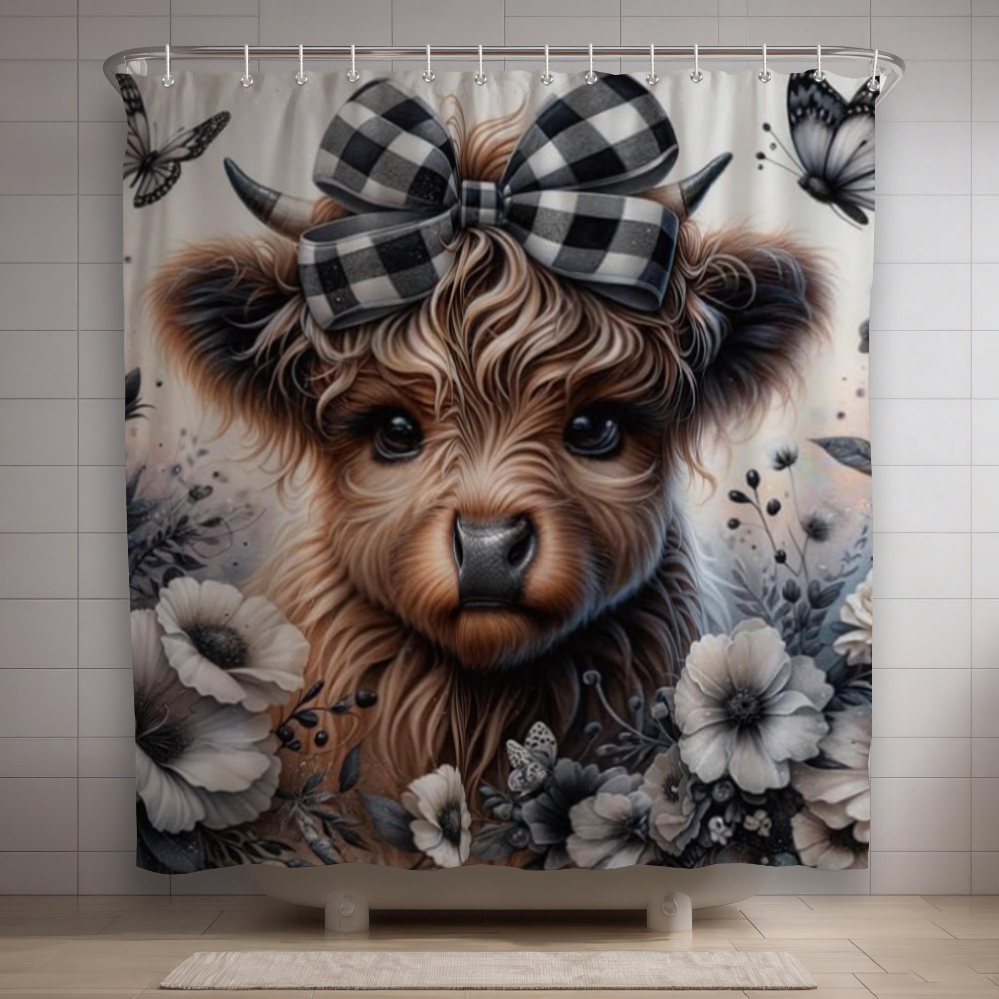 72x72 Inch Waterproof Bath Curtain Set, Christmas Highland Cow Pattern, Easy Install, Durable Polyester Fiber, Perfect Gift Idea, Shower Curtain Set