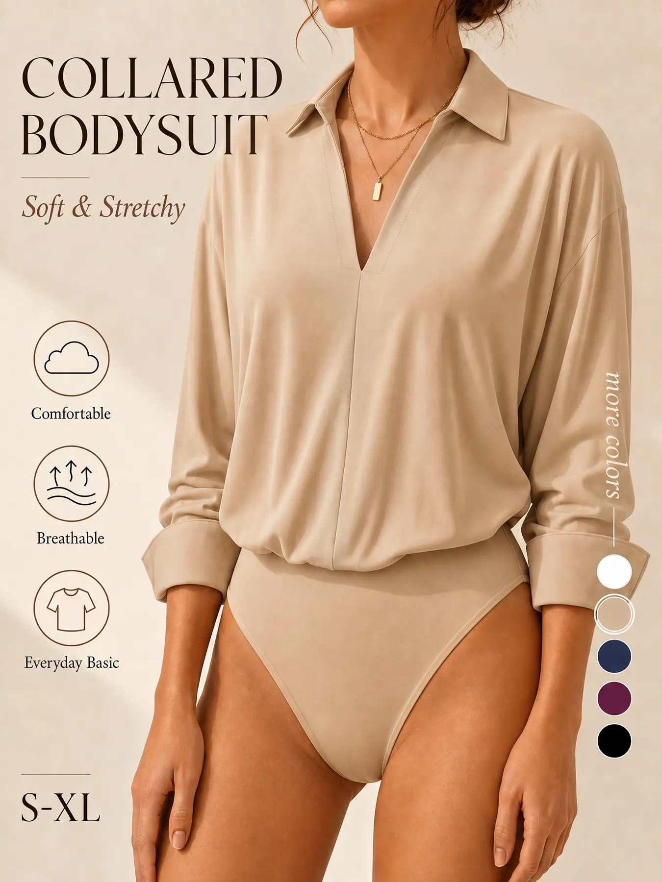 【Black Friday】Women's Collared Shirt Bodysuit, Long Sleeve V Neck Bodysuit, Soft Stretchy Basic Business Casual Workwear for Office & Everyday Wear
