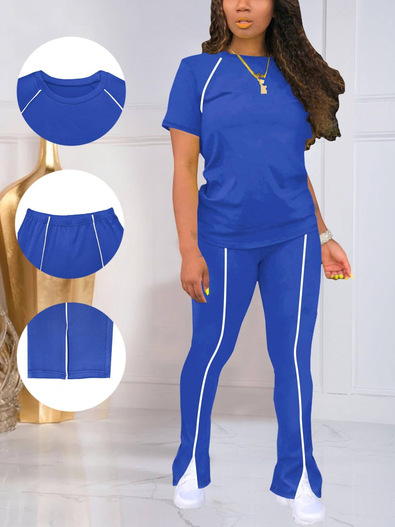 Women's Summer Round Neck Short Sleeve Fitted Pants Set Outfit, Classic Solid Color Casual Wear Lightweight, Striped Sleeve Design for Relaxed Style Womenswear