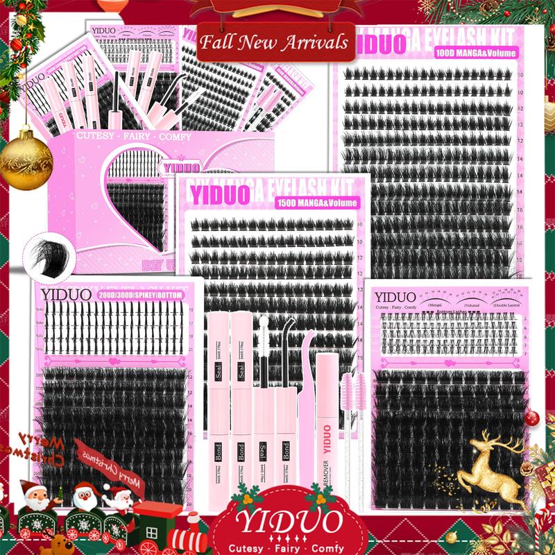 887 Pcs 4 Styles Lashes Kit 100D/150D/Manga/Volume Fluffy Eyelash Clusters Kit 10-18mm Cluster Eyelash Extension Kit D-Curl With Lash Bond and Seal*2, Lash Remover，Lash Tweezers,Eyelash Brush DIY at Home Easily
