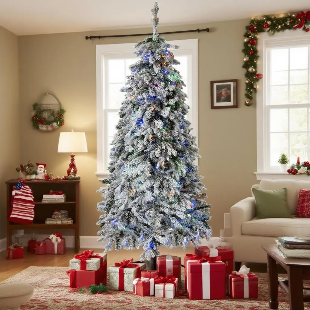7ft Snow-Flocked Pre-Lit Artificial PE Spruce Christmas Tree - 688 Pieces, 230 Heads, 8-Function Color LED Lights - Dense Branches - Sturdy Metal Stand - Luxury Holiday Decoration Ornaments - Box-Packaged for Living Room, Entryway