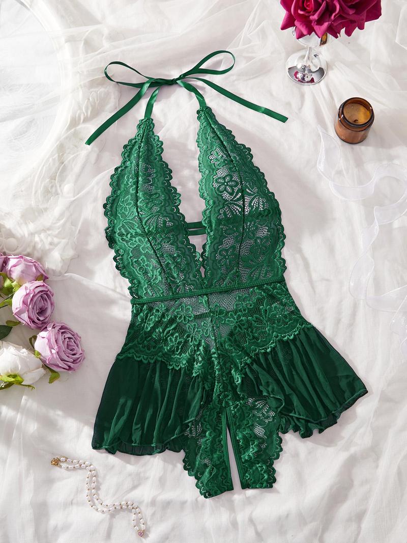 Romantic Valentine's Day Gift, Women's Sexy Lace Underwear, Deep V Neck, Smooth Fabric, Semi-Transparent, All Seasons Sleeveless, Lingerie Nightwear