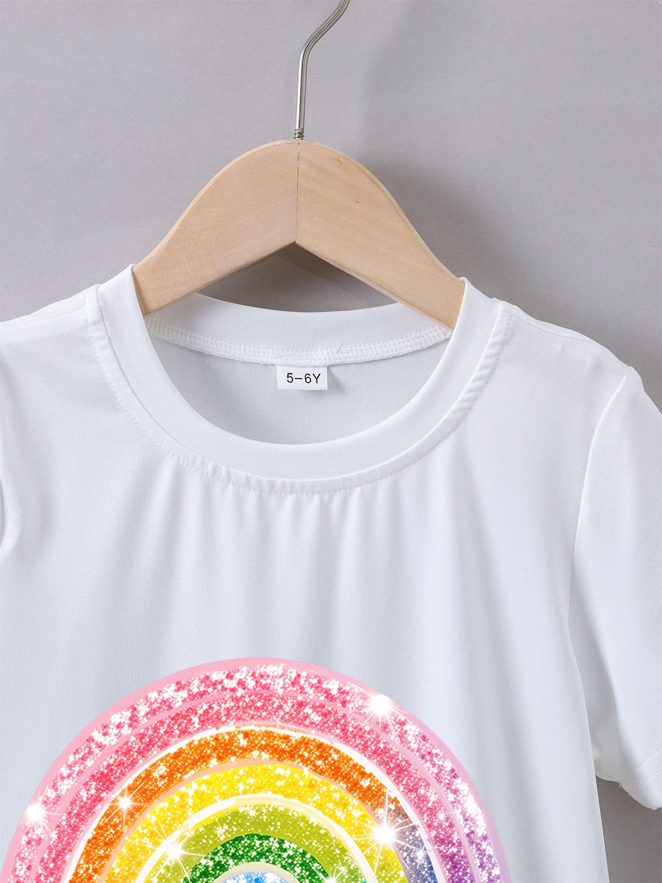 Children's summer comfortable "Shiny Rainbow" pattern, outdoor casual sports - girls' cartoon printed T-shirt