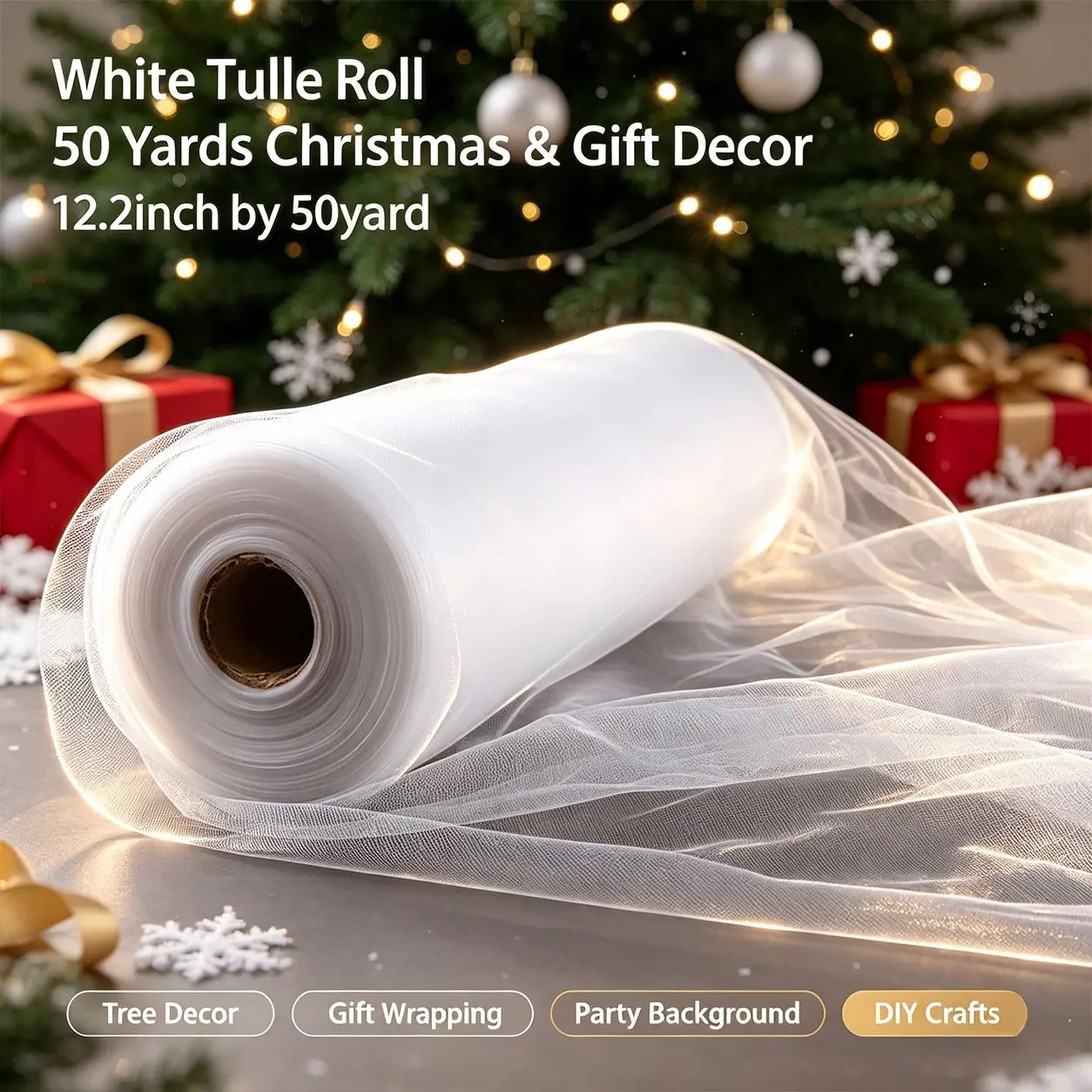 50m Christmas Sheer Roll, Transparent Fabric, Ideal for Holiday Decor, Gift Wrapping, Tree Ornaments, Party Backdrop, DIY Crafts