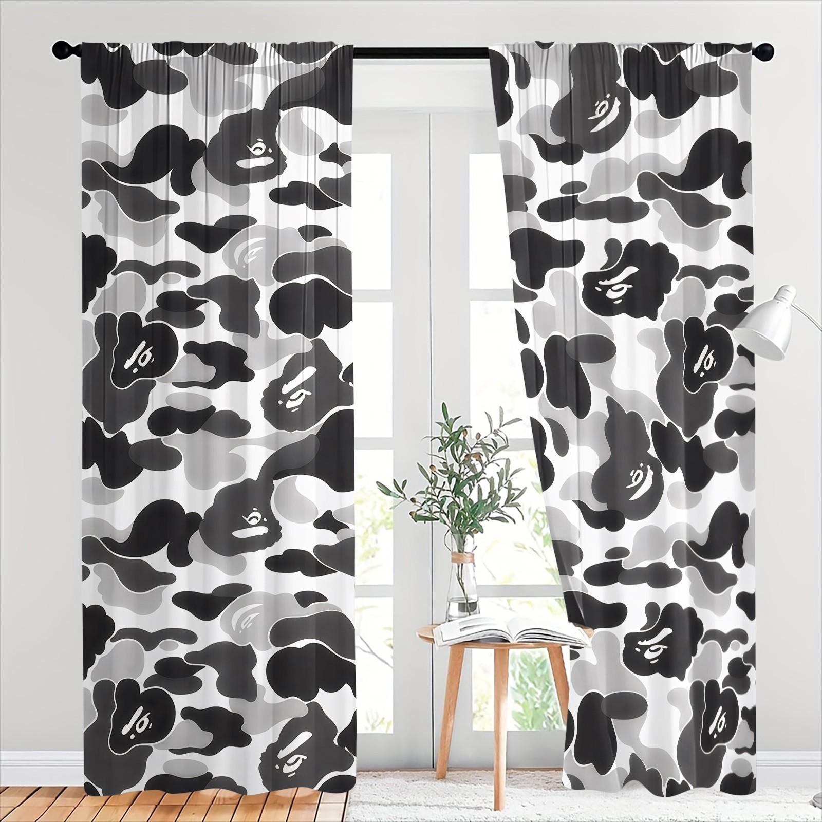 Trendy Black White Camouflage and Animal Silhouettes Curtains Home Decoration Curtain-Two-Piece Rod Pocket Design No Drilling Installation-Privacy Blocking Decorative Drape-Boys Bedroom/Designer Toy Display Room/Gaming Room Decor Window Drapes