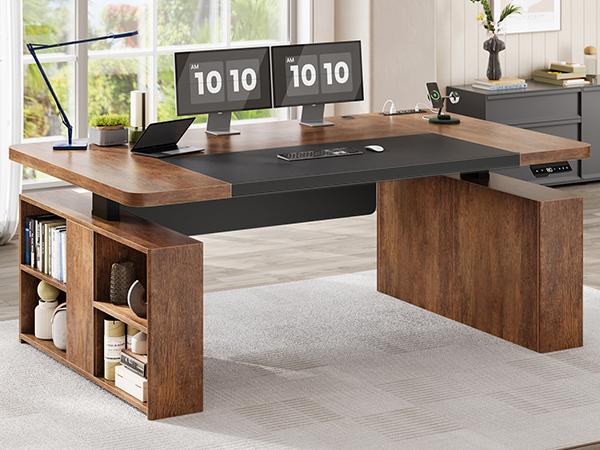 SEDETA 63" Executive Standing Desk with Storage, Executive Height Adjustable Desk with Power Outlets, Large Computer Office Desk with Privacy Panel for Home Office