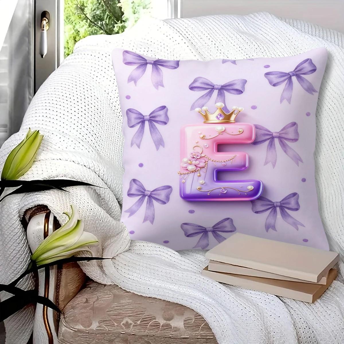 Purple 3D Letter A-Z Crown Throw Pillow 1 Pc with Insert, Soft Comfortable Square Cushion with Zipper Closure for Sofa Chair & Bedroom, Exclusive Customization with Initials Gift, Princess Style Home Decor