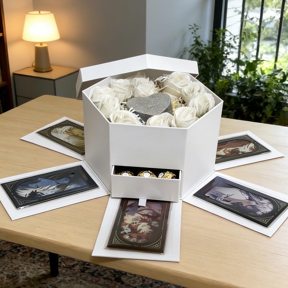 Hexagonal Flower Box with Drawer, Romantic Gift Box for Valentine's Day, Birthday, Wedding, Anniversary, Ceremony Occasion