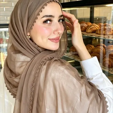 Women's Fashion Yarn Long Scarf with Lace Trim, Breathable Sun Protection Wrap, Ideal for Daily Prayer and Outdoor Use