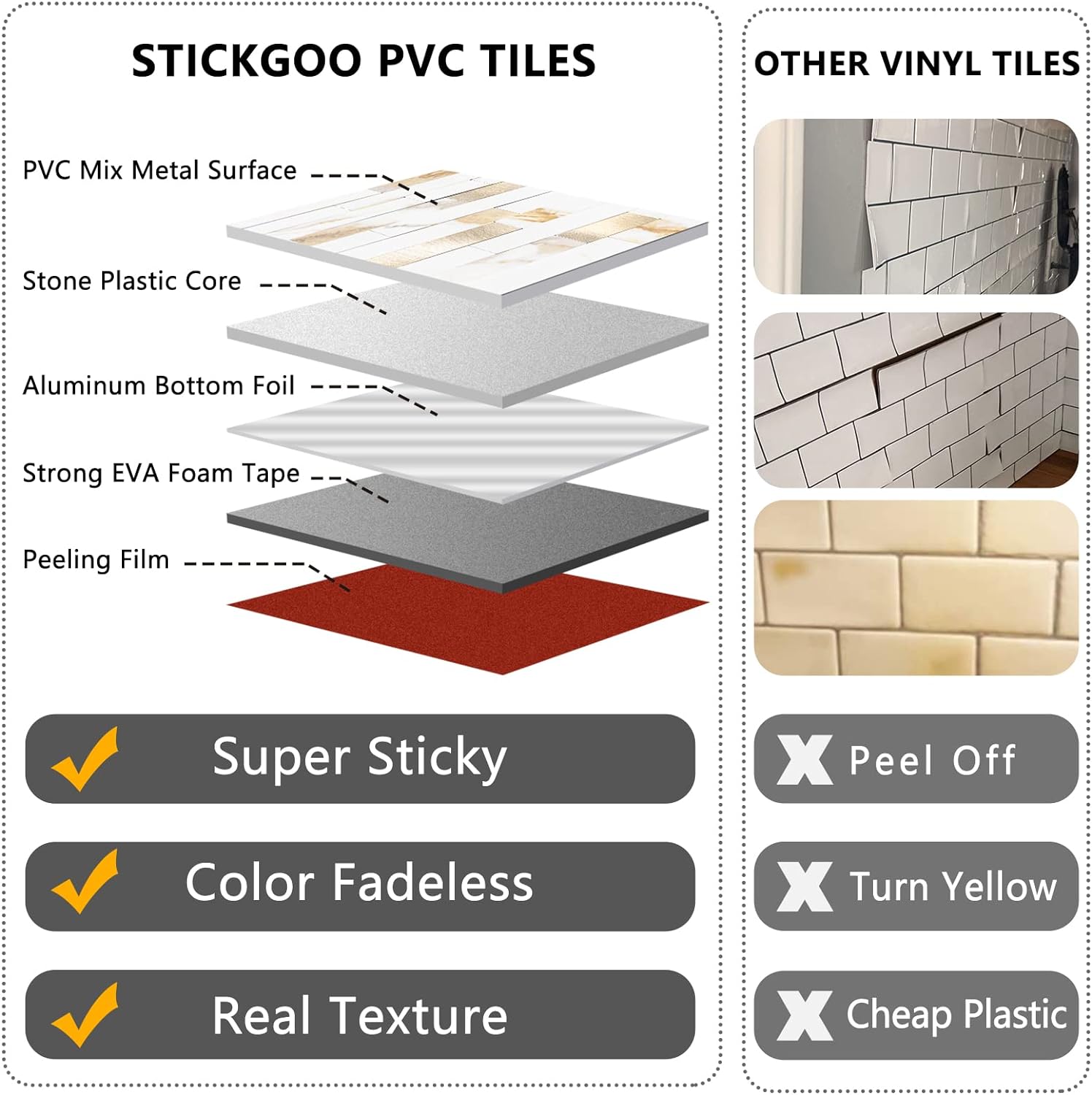 STICKGOO 20 Sheets Peel and Stick Backsplash Tile, Tile Stickers, Stick on Backsplash for Kitchen and Bathroom, Calacatta Gold Marble Look PVC Mixed Gold Self Adhesive Wall Tiles