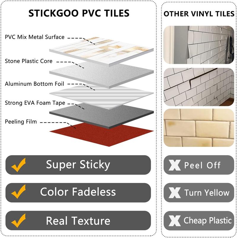 STICKGOO 20 Sheets Peel and Stick Backsplash Tile, Tile Stickers, Stick on Backsplash for Kitchen and Bathroom, Calacatta Gold Marble Look PVC Mixed Gold Self Adhesive Wall Tiles