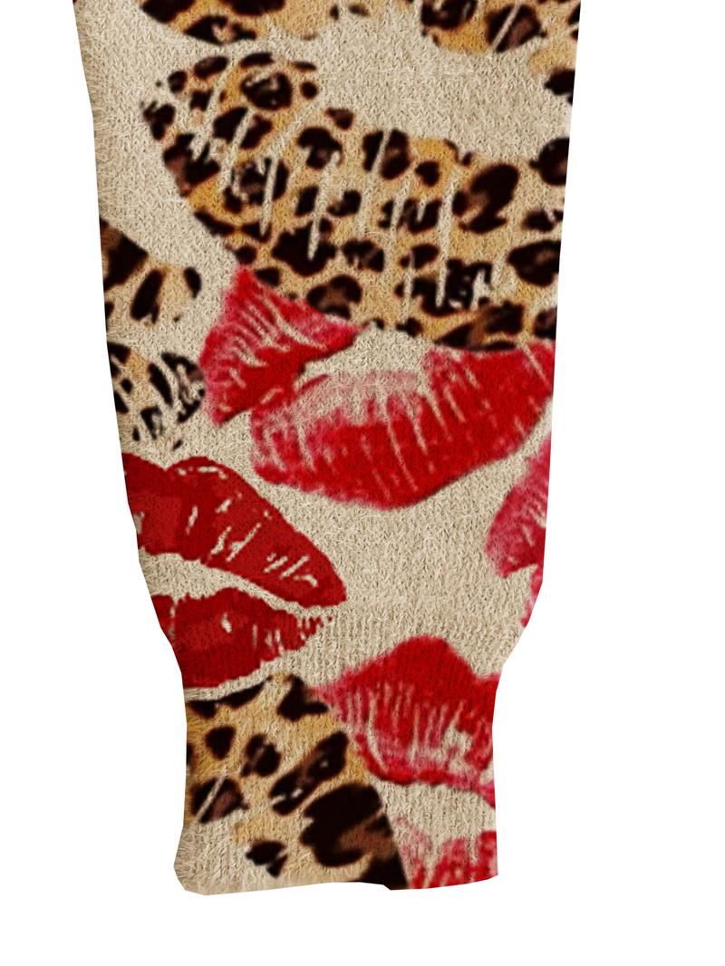 Women's Leopard Print Lip Design Mock Neck Sweater, Cozy Long Sleeve Knit Top for Fall & Winter, Casual and Versatile Women's Clothing