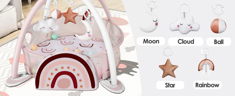 Dearlomum 4-in-1 Baby Play Mat Rainbow Baby Gym Tummy Time Mat for Floor Activity with 30 Balls & 5 Sensory Toys for Newborn Toddler Boy & Girl Gifts - Playpen