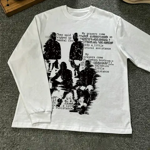 Men's 100% Cotton Cool Graphic Tee, Y2K Aesthetic Long Sleeve T-Shirt, Loose-Fit Streetwear, Dark Rock Style, Casual Summer Top
