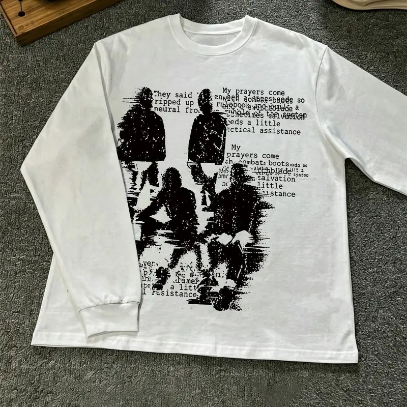 Men's 100% Cotton Cool Graphic Tee, Y2K Aesthetic Long Sleeve T-Shirt, Loose-Fit Streetwear, Dark Rock Style, Casual Summer Top
