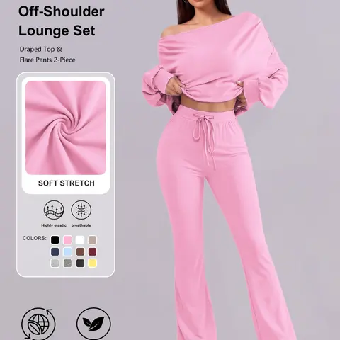 【Black Friday】2-Piece Sporty Suit, Long Sleeve Off-Shoulder Top & High Waist Drawstring Pants, Yoga Fitness, Casual Style, Spring Summer Fall Winter