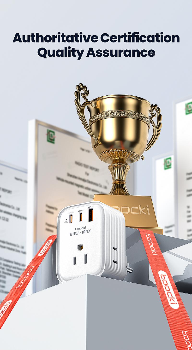 USA to Europe International Plug Adapter, Toocki Travel Adapter, (Single C port 20W Max, USB-A port 18W Max) with 3 AC, 2 USB-C, and 1 USB-A Port, Ideal for iPhone 15, iPad Air, and More,for USA to EU Germany France Iceland Italy  Greece fast charge