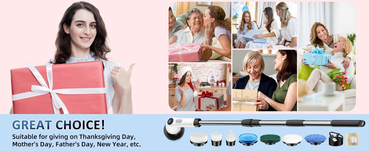Electric Spin Scrubber, Cordless Shower Scrubber Full-Body IPX7 Waterproof, Electric Cleaning Brush with 7 Replaceable Brush Headsand 3 Adjustable Extension Handle, 2-Speed for Bathroom, Kitchen, Toilet, Window, Pool, OutdoorFun, FathersDayGift
