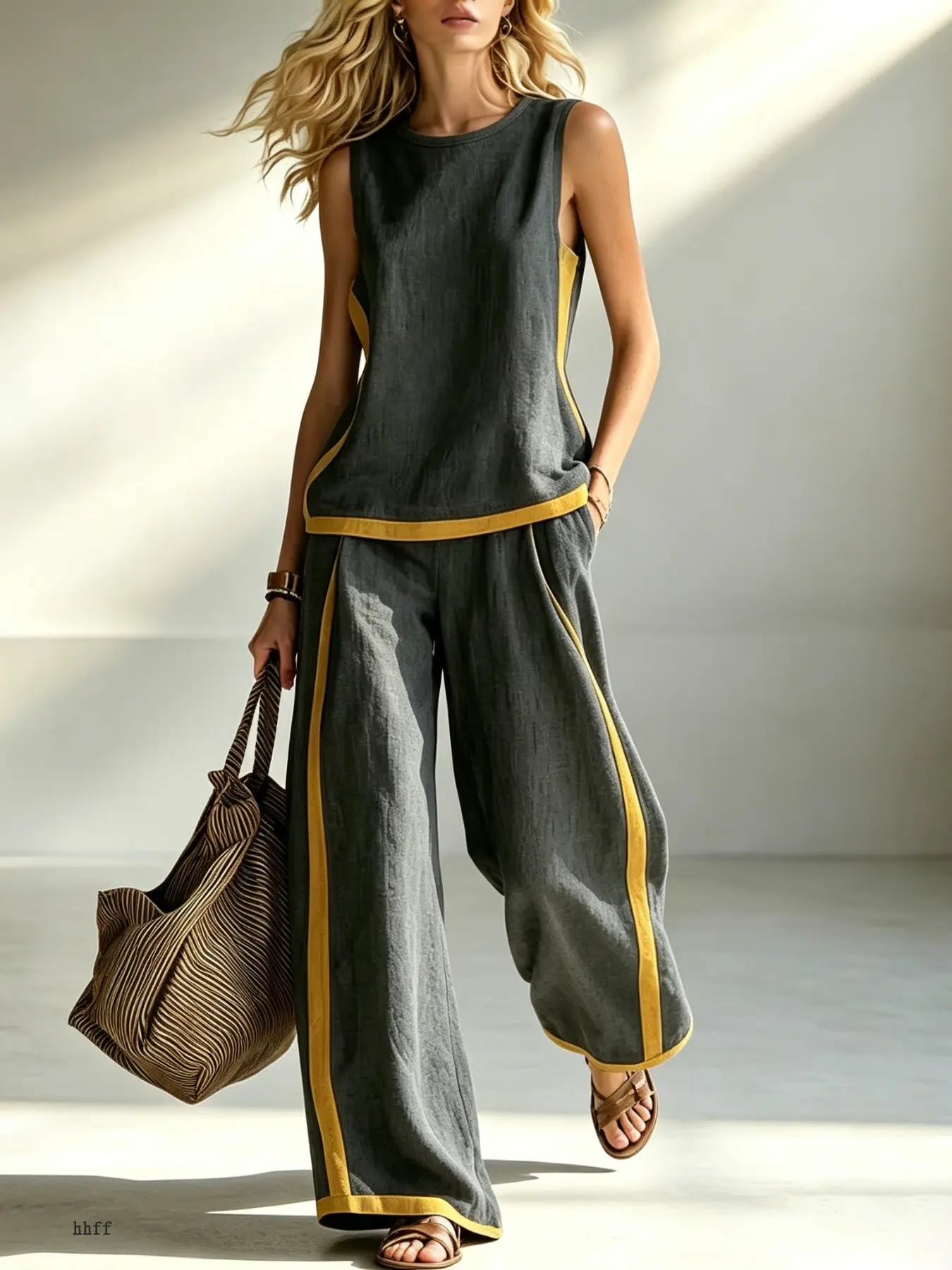 Women's Sleeveless Two-Piece Set, Colorblock Backless Top and Wide Leg Pants, Boho Style, Loose-Fitting, Below the Knee, Resort Wear