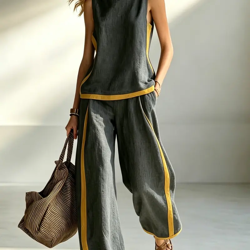 Women's Sleeveless Two-Piece Set, Colorblock Top and Wide-Leg Pants with Pockets, Loose-Fit Resort Wear Outfit
