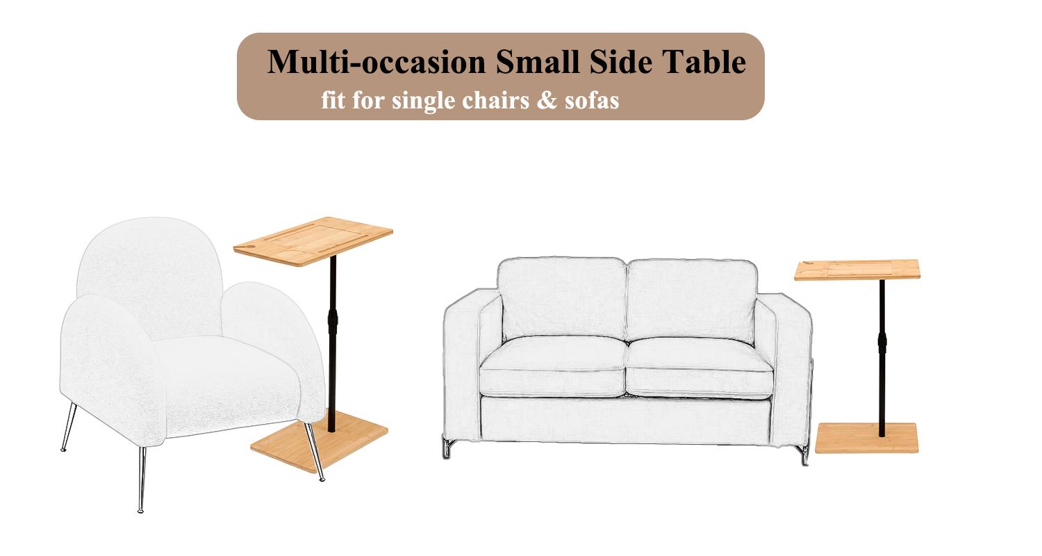 Bamboo Couch Tray Table with Height Adjustable, C-Shaped End Table with Slots, 2-Tier Sofa Side Table for Living Room & Bedroom (Rectangle + Rectangle)