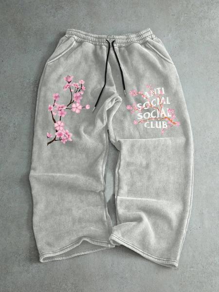 Men's Cherry Blossom Embroidery Sweatpants, Floral Print Sweatpants, Regular Fit Casual Comfy Jogger Pants for Spring & Fall, Men's Trousers for Daily Wear