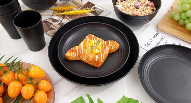 Wheat Straw Dinnerware Sets,Plates and Bowls Set, Dish Sets for 8, Unbreakable Plate for 8 Dishwasher Safe,Reusable Dinnerware Black-16pcs Plates, 8pcs Bowls, 8pcs Cups.