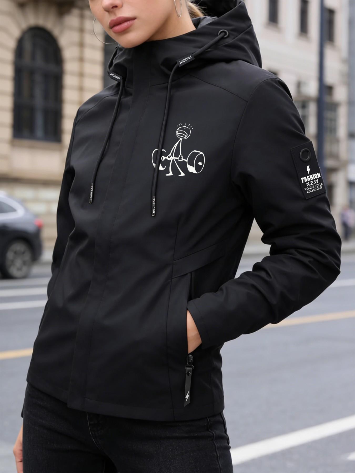 Women's Hooded Windbreaker Jacket Gym Stick Figure Print Outdoor Jacket Multi Color Options Hooded Loose All Season Warm Wind Coat Ideal for Daily Commute Hiking Climbing Wear Skin Friendly Breathable Machine Washable Plus