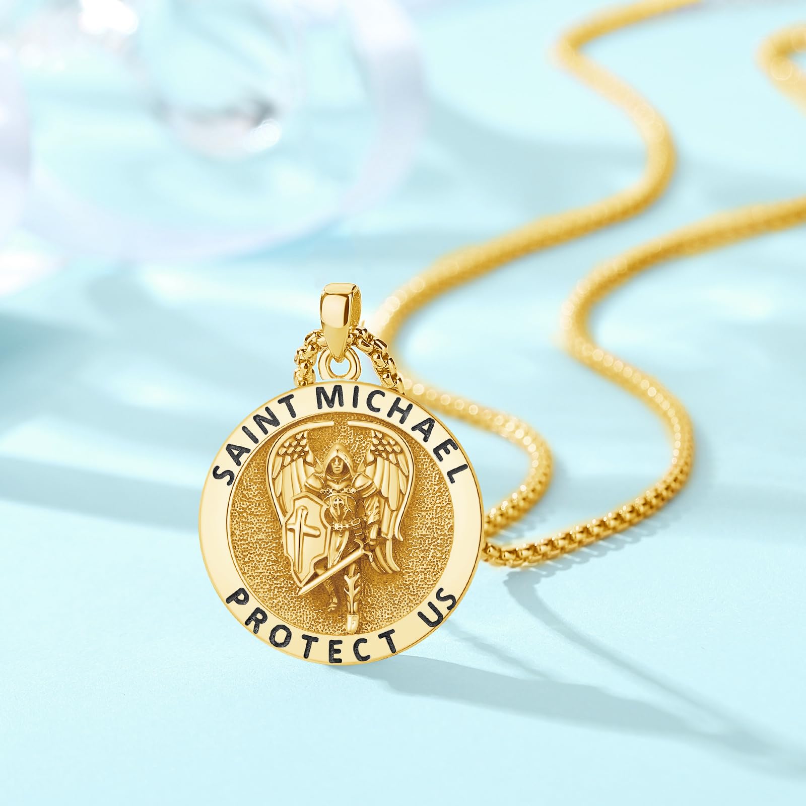 DRINSPER Golden Saint Michael Necklace 925 Sterling Silver Pendant St Michael the Archangel Protection Amulet for Men Boyfriend