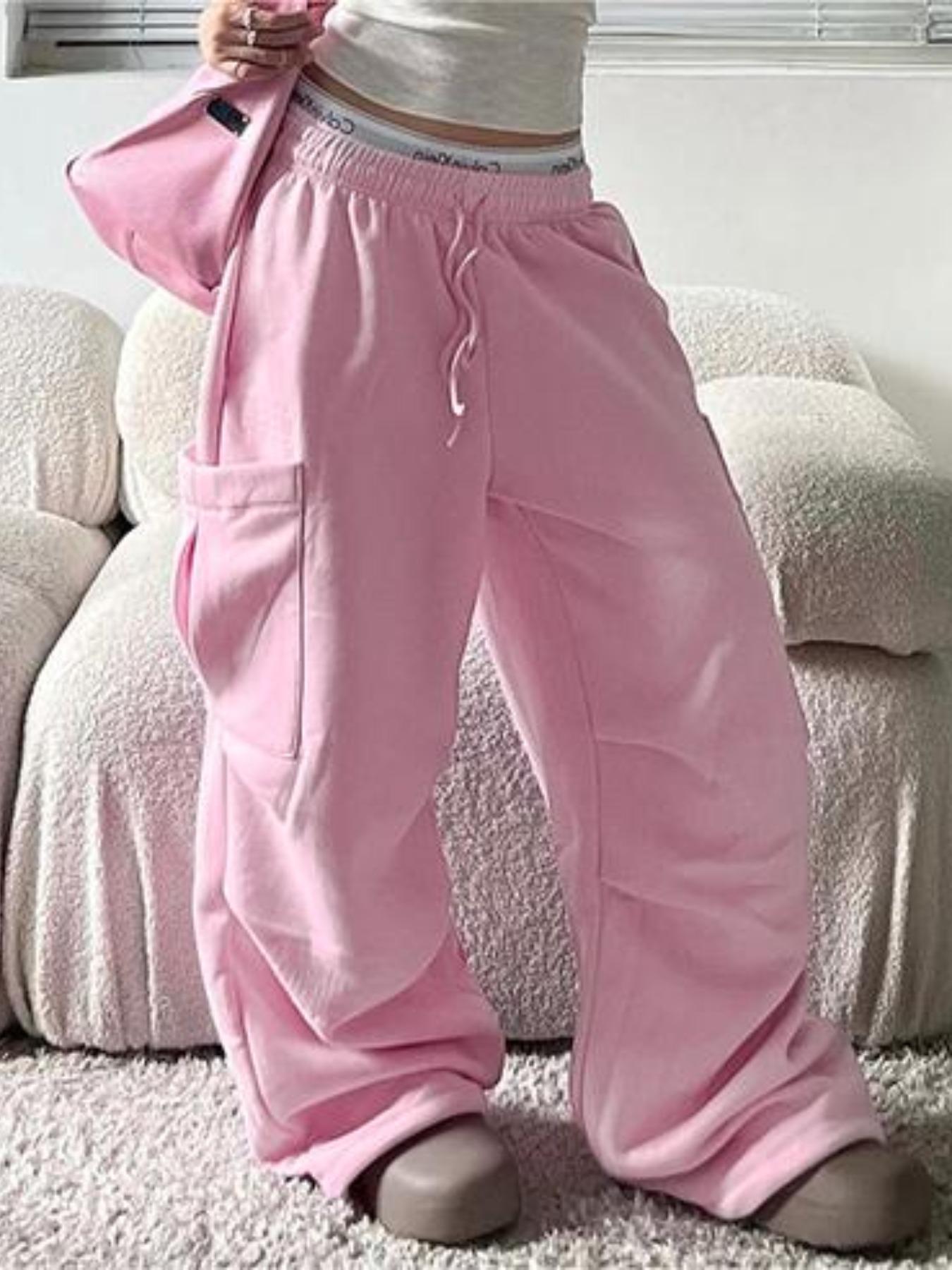 Women's Plain Drawstring Waist Cargo Pants, Casual Pocket Wide Leg Trousers for Daily Wear, Ladies Bottoms for All Seasons