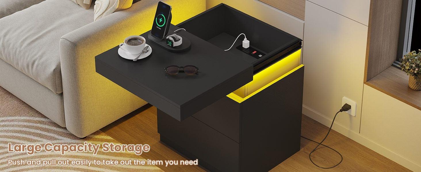 Sikaic Nightstand with Sliding Top and 2 Drawers Modern Bedside Table with LED Lights and Charging Station Sikaic Nightstand with Sliding Top and 2 Drawers Modern Bedside Table with LED Lights and Charging Station