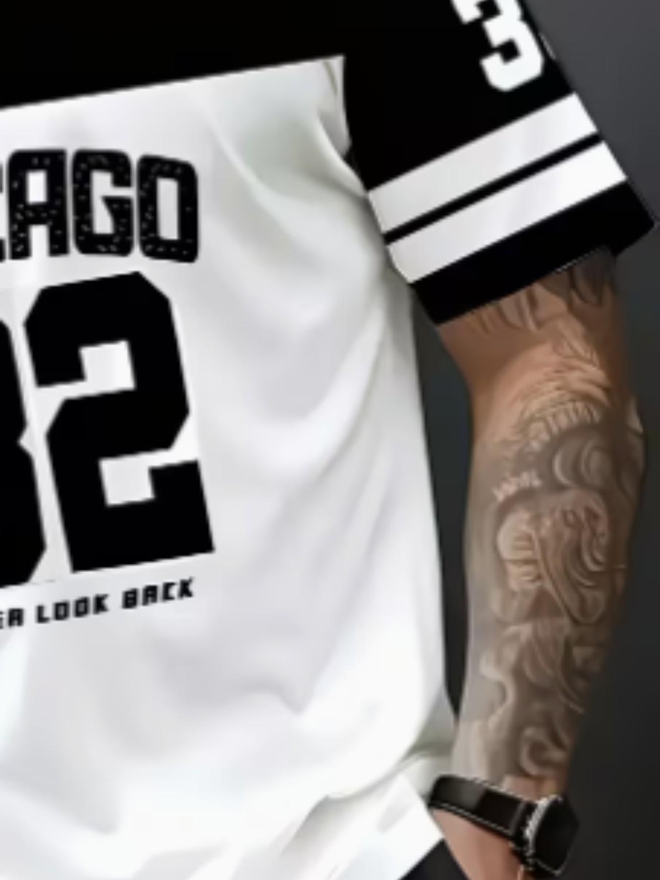 Men's New Casual Round Neck T-Shirt, Chicago Word Design, 32 Number Pattern, Polyester Knit Fabric, Stretchy, Soft Breathable, Outdoor Comfort