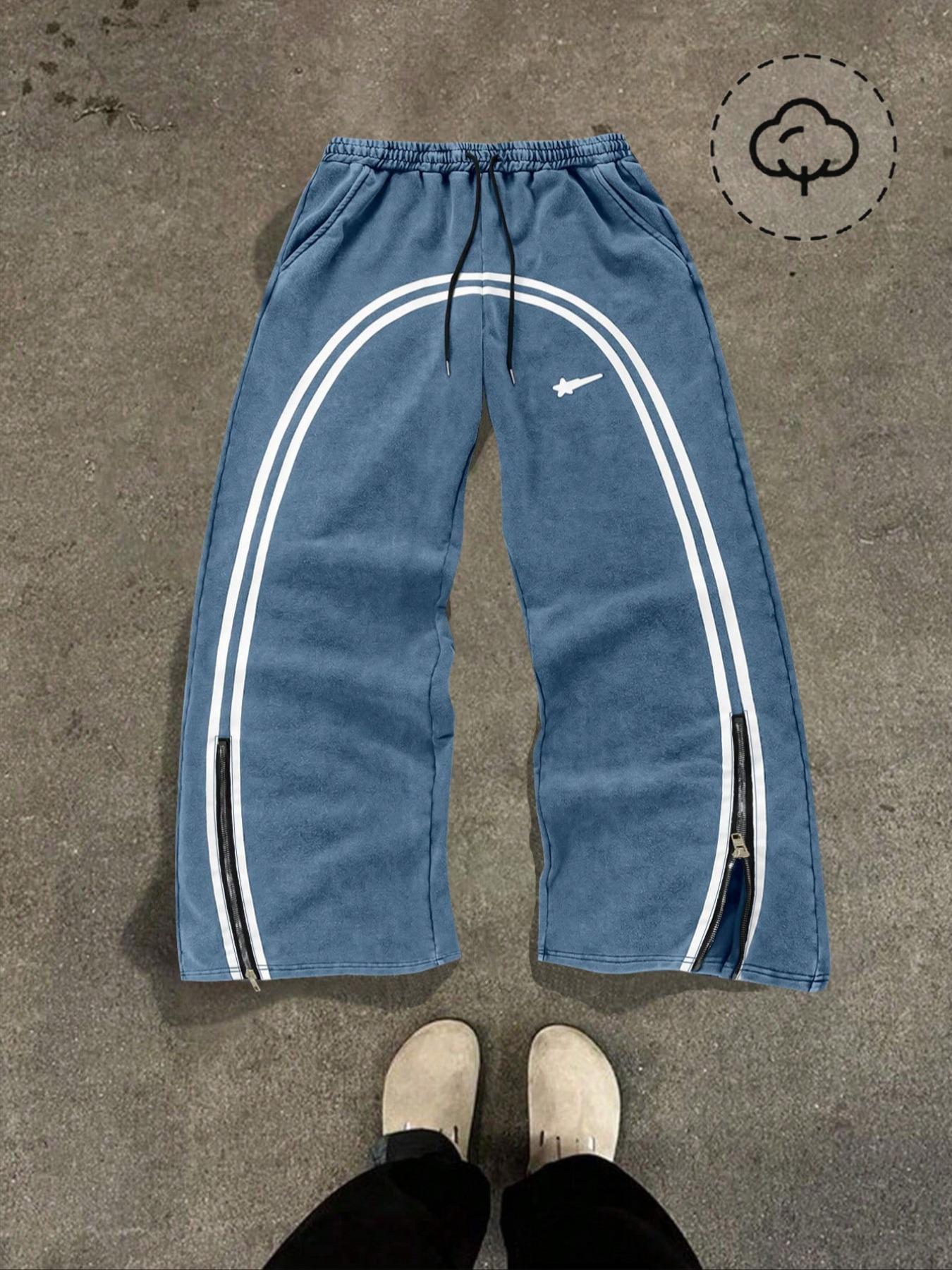 Men's Star & Striped Print Washed Distressed Drawstring Waist Sports Sweatpants, Regular Fit Casual Comfy Fashion Pocket & Zipper Design Pants for Fall & Winter, Sports Bottoms, Casual Athletic Pants, Athleisure Style Bottoms
